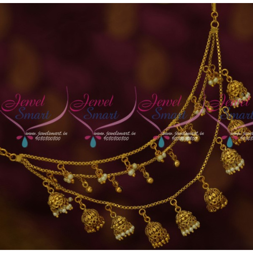 EC13602 3 Layer Chain Jhumka Pearl Drops Antique Mattal Latest Jewelry Designs Online