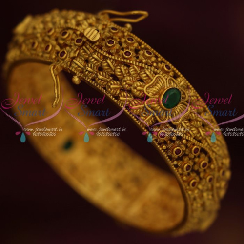 B13376 Ruby Emerald Matte Antique Single Piece Kada Lock Open Type Imitation Jewellery Collections Online