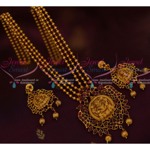 NL13435 3 Line Beads Mala Temple Pendant Kemp Stones Gold Finish Design Matte Reddish Jewelry 
