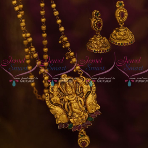 PS13398 Lord Krishna Ruby Emerald Antique Temple Jewellery Beads Mala Nagas Pendant Jhumka