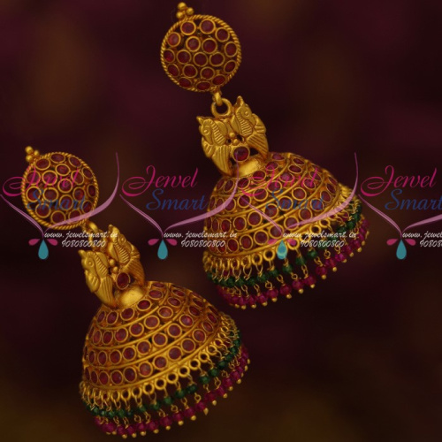 J1547 Kempu Temple Traditional South Indian Jewellery Big Broad Jhumka Red Gold