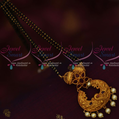 M13389R Matte Gold Plated Nakshi Peacock Red Stones 2 Line Mangalsutra Black Beads Mala Online