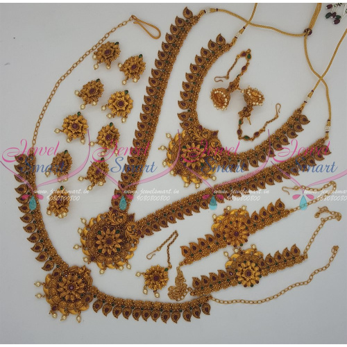 BR13263 South Indian Floral Antique Bridal Jewelry Full Set Latest Matte Gold Reddish Finish Online