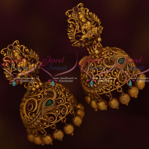 J13377 Temple Jewellery Broad Jhumka Earrings Red Green Stones Party Wear Collection Online