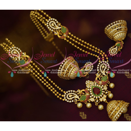 NL13538 3 Line Gold Plated Beads Mala Broad Pendant Jhumka AD Fashion Jewelry Online