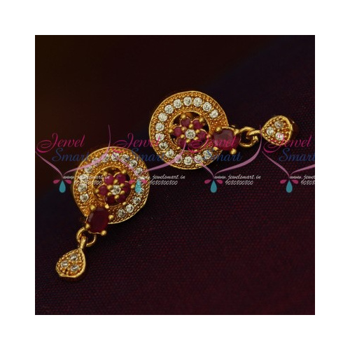 ER13569RW Round Tops Small Drops Screwback Fancy AD Jewelry Ruby White Stones Daily Wear