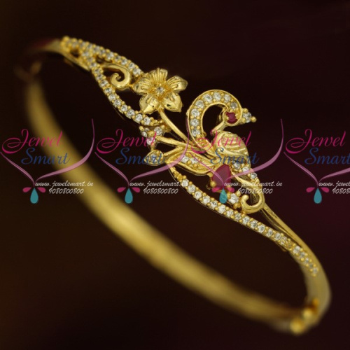 B13492 Gold Plated Peacock Open Type Bracelet AD Ruby White Jewelry Shop Online
