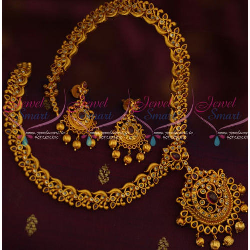 NL13434 Kemp Red Polki Jewelry Haram Latest Matte Gold Plated Haram Traditional Designs 