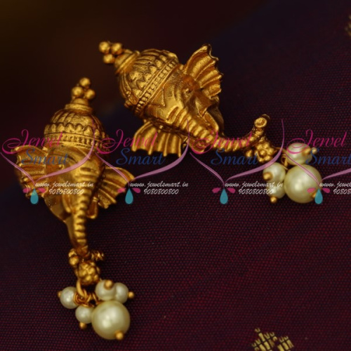 ER13547 Lord Ganapathy Design Matte Reddish Colour Earrings Pearl Drops Temple Jewelry Online