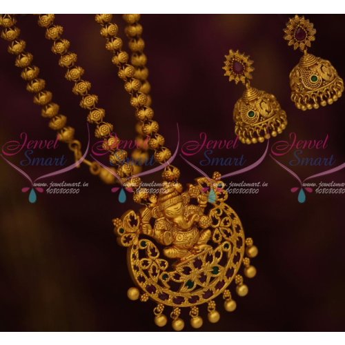 PS13371M Lord Ganapathy Design Red Green Antique Temple Jewellery Nagas Chain Pendant Jhumka Sets Shop Online