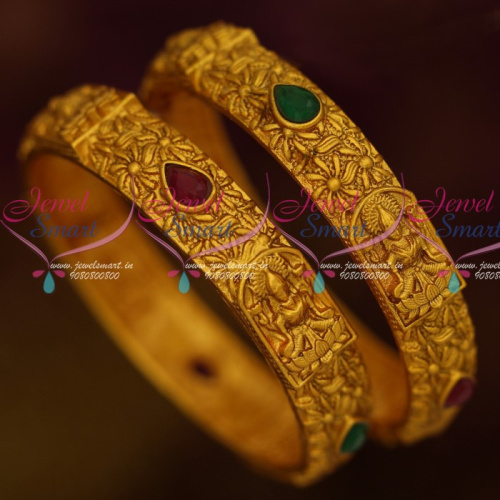 B13498 Broad Temple Design 2 Pcs Red Green Stones Matte Gold Fashion Jewelry Bangles Shop Online