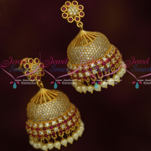 J12426R AD Jewelry Ruby White Stones Bollywood Style Gold Finish Imitation Jhumka Earrings Online