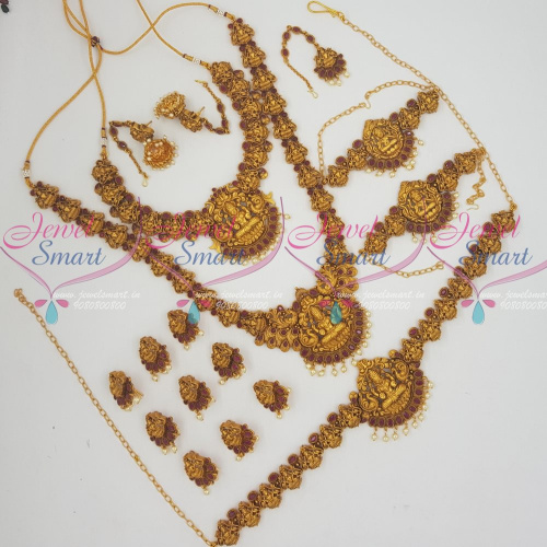 BR13373 South Indian Temple Bridal Jewelry Full Set Latest Matte Gold Reddish Finish Online