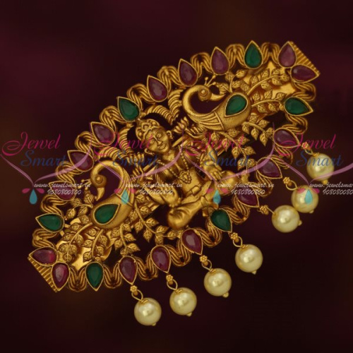 H13424RG Temple Traditional Latest Jewellery Matte Gold Plated Hair Clip Red Green Stones Online