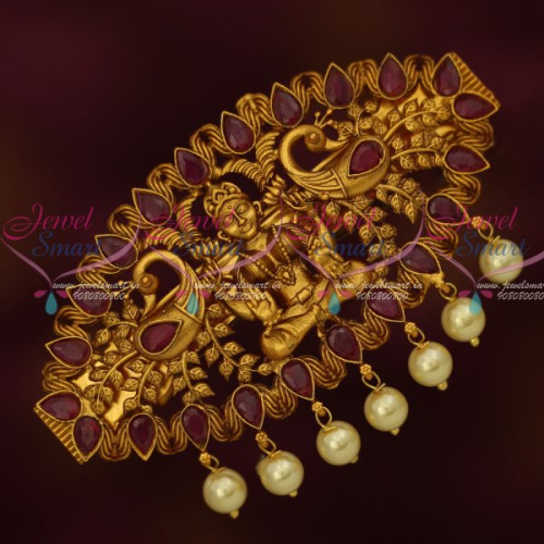 H13424R Temple Traditional Latest Jewellery Matte Gold Plated Hair Clip Ruby Stones Online