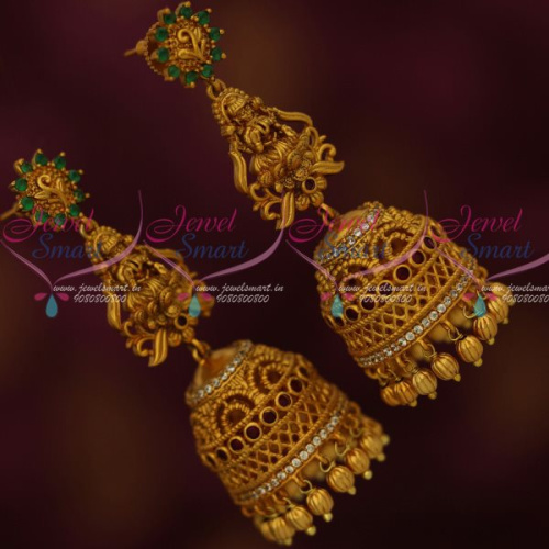 J13433 2 Layer Step Jhumka Temple Laxmi God Design Long Matte Ruby Emerald Jewelry Online