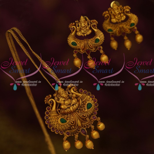 PS13506 Lord Ganapathy Antique Jewelry Pendant Earrings Red Green Stones Matte Gold Plated