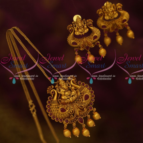 PS13506R Matte Gold Plated Red Stones Lord Ganapathy Antique Jewelry Pendant Earrings 