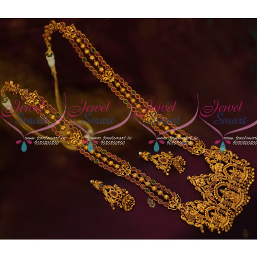 NL13618 Ruby Emerald Semi Precious Stones Chain Broad Temple Pendant Matte Gold Plated Haram Online