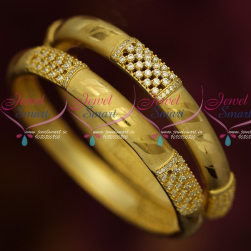 B13796 Hollow Design Broad Light Gold Plated AD White Stone Bangles Latest Jewelry Online
