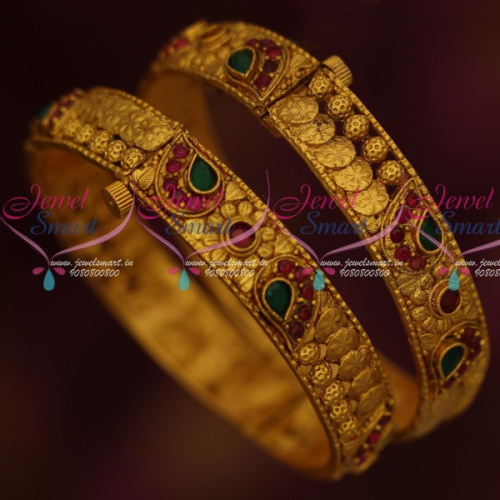 B13802 Matte Reddish Gold Plated Screw Open Fancy Bangles Latest Jewelry Online