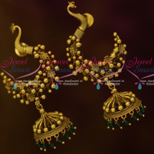 ER13779G Antique Peacock Fancy Jhumka Green Crystal Drops Latest Fashion Jewelry Online