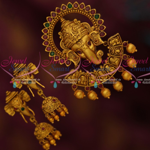 PS13643RG Ashtavinayaka Lord Ganesha Design Pendant  Red Green Stones Jhumka Traditional Jewelry Designs