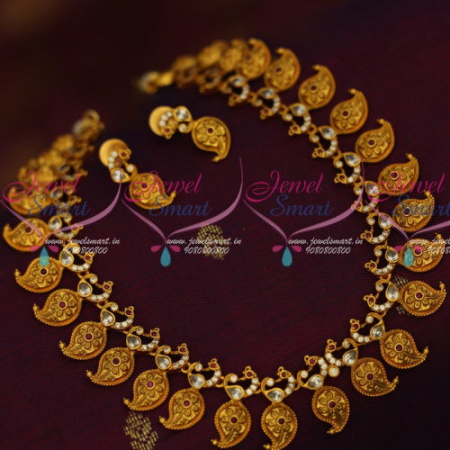 NL13864 AD Matte Gold Plated Jewellery Short Peacock Mango Mala Traditional Finish Online