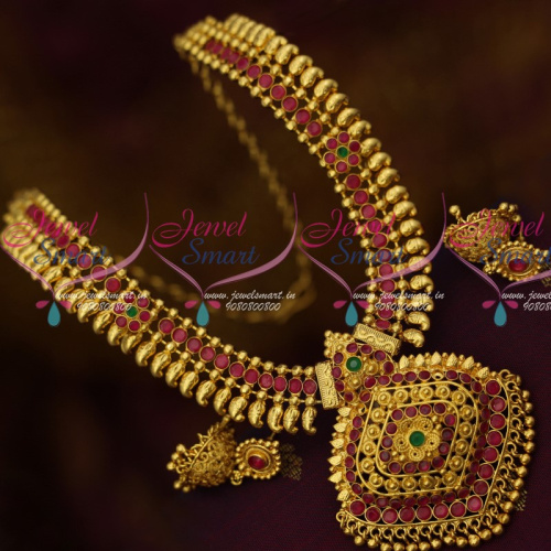 NL13635 Traditional South Indian Gold Plated Jewellery Mango Necklace Red Green Stones Online