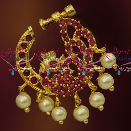 N13679R Semi Precious Stones Gold Plated Ruby Pearls Nose Rings Screw Lock