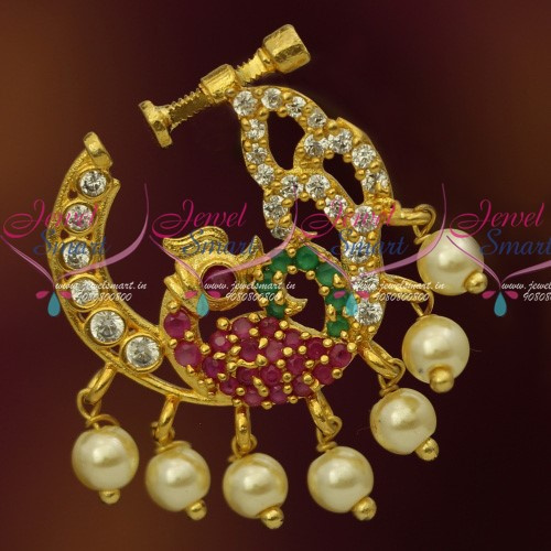 N13679M Semi Precious Stones Gold Plated Multi Stones Pearls Nose Rings Screw Lock