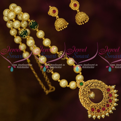 NL13832 South Indian Kemp Gold Covering Pendant Shell Pearl Mala Beaded Jewelry Online