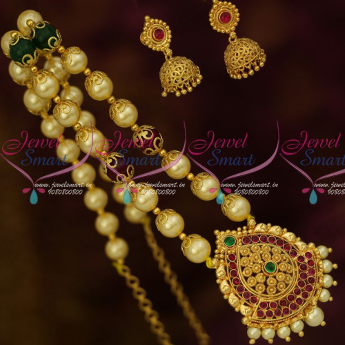 NL13834 South Indian Kemp Gold Covering Pendant Shell Pearl Mala Beaded Jewelry Online
