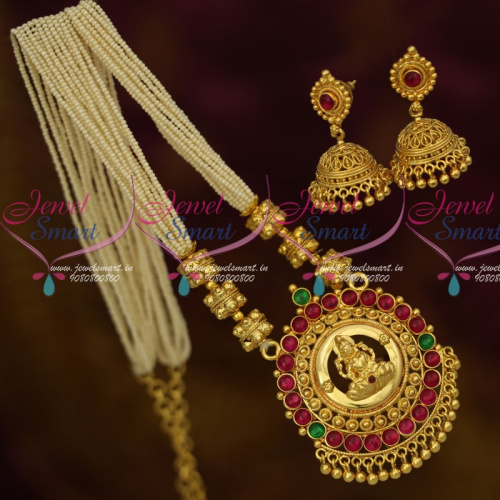 NL13662 Hand Beaded Rice Pearls Kemp Temple Gold Plated Pendant Jhumka Earrings Online