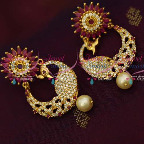 ER14186 Peacock Chandbali AD Ruby White Dazzling Earrings Latest Fashion Jewellery Online