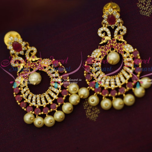 ER14188 Trendy Peacock Earrings Pearl Drops Gold Design Lates Artificial Jewellery Online
