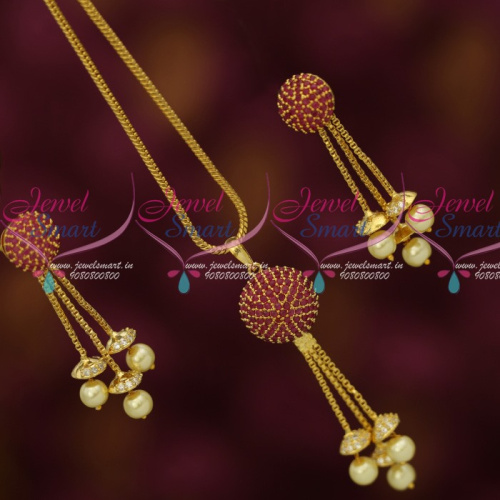 PS14012R Ruby AD Stones Ball Pendant Earrings Gold Plated Chain Latest Stylish Jewelry Online