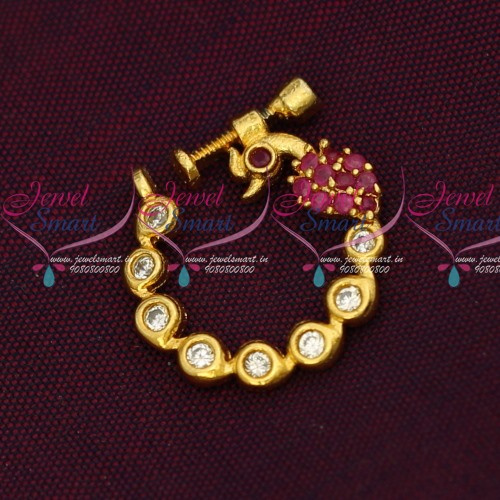 N14211 Fancy Gold Plated AD Jewellery Nath Nose Pin Mookuthi Screw Lock Jewelry Online