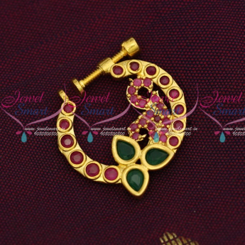 N14201 AD Ruby Emerald Stones Screw Nath Nose Pin Gold Plated Party Wear Jewellery Online