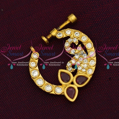 N14202 AD Ruby White Stones Screw Nath Nose Pin Gold Plated Party Wear Jewellery Online