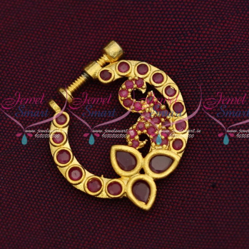 N14203 Ruby Stones Screw Nath Nose Pin Gold Plated Party Wear Jewellery Online