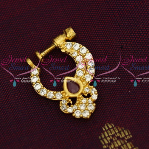 N14204 Ruby White Small Size Peacock Nath Screw Lock Non Piercing Nose Pins Low Price