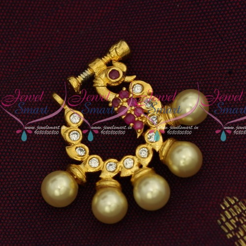 N14215 Pearl Drops Latest Fashion Jewelry Nath Nose Pin AD Screw Lock Design Online
