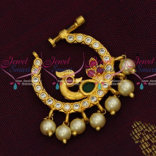 N14223 Non Piercing Nose Pins AD Gold Plated Screw Lock Nath Designs Semi Precious Stones