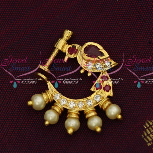 N14224 Non Piercing Nose Pins AD Gold Plated Screw Lock Nath Designs Semi Precious Stones