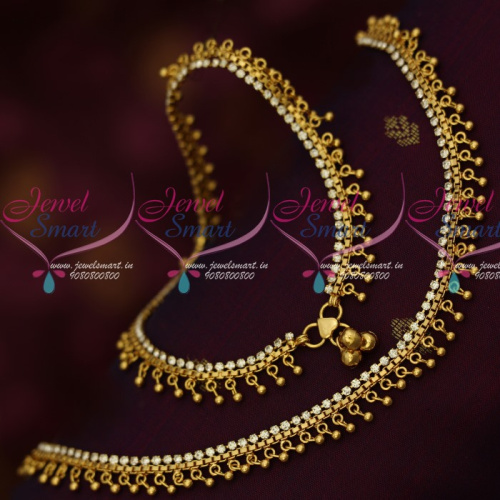 P14164 White Stones Fancy Bead Drops Gold Covering Daily Wear Anklets South Indian Jewelry Online