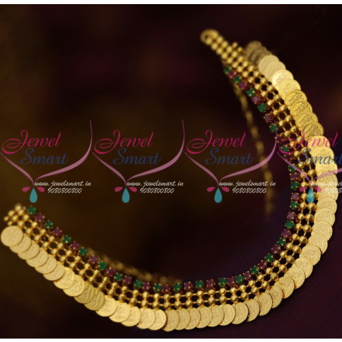 NL14058 South Indian Traditional Gold Covering Ruby Emerald Kasu Mala Low Price Shop Online