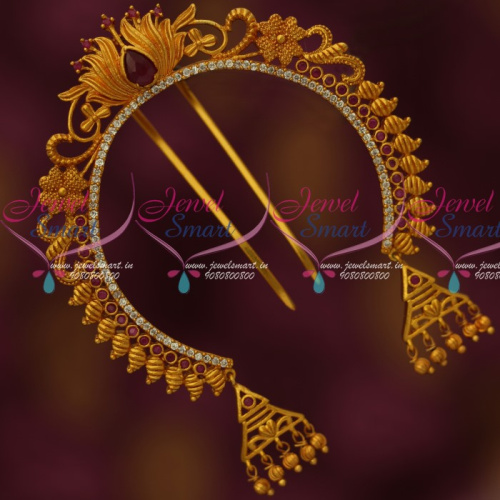 H14137 Ruby Stones Lotus Design Matte Antique Gold Plated Hair Jewelry Rakodi Jadabilla Bridal Shop Online