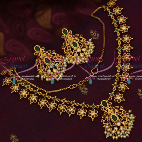 NL14282 Flexible Floral Design AD Semi Precious Stones Pearl Drops Gold Plated Jewellery