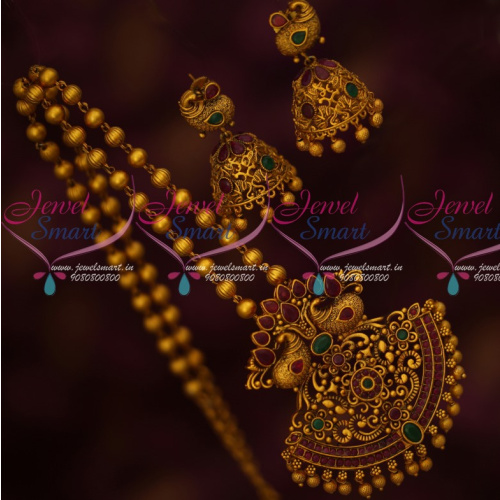 PS14499 Matte Gold Plated Ball Chain Peacock Pendant Matching Jhumka Antique Finish Jewellery Online